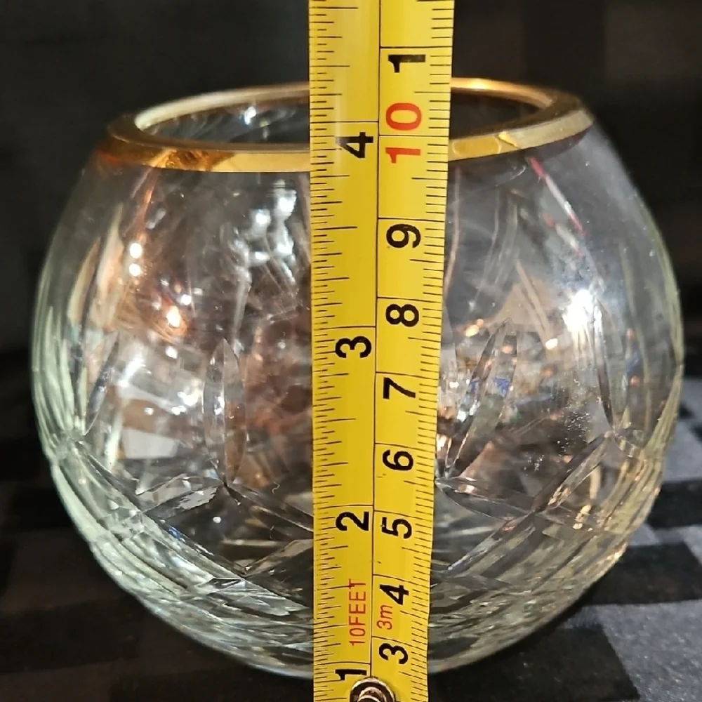 Vintage Hand-Cut Crystal Rose Bowl Vase with Gold Rim